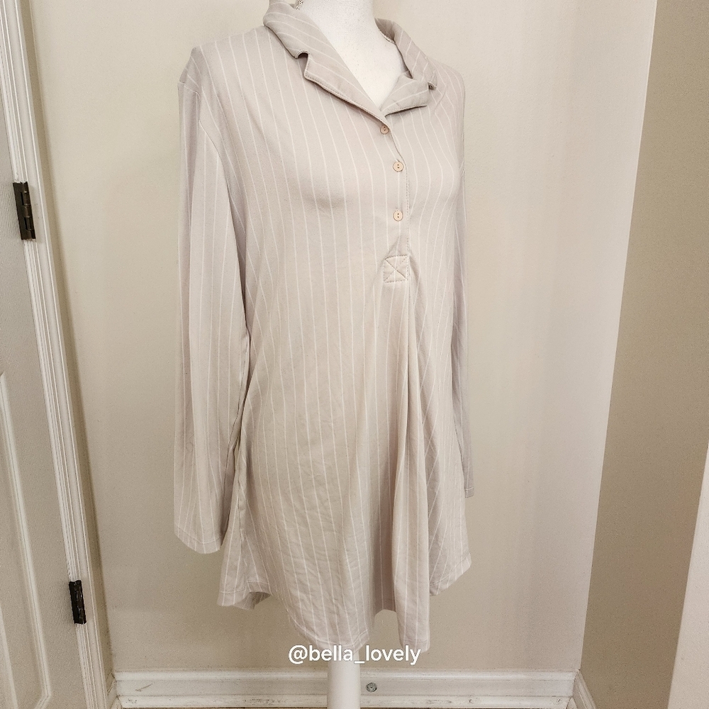 Cozy Cream Striped Women's Pajama Nightgown Dress Sleepwear - Picture 3 of 5